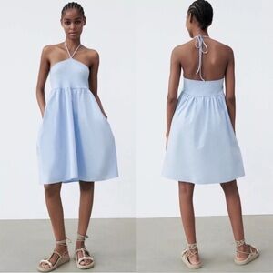 Zara light Blue Mini Halter Dress with pockets Medium